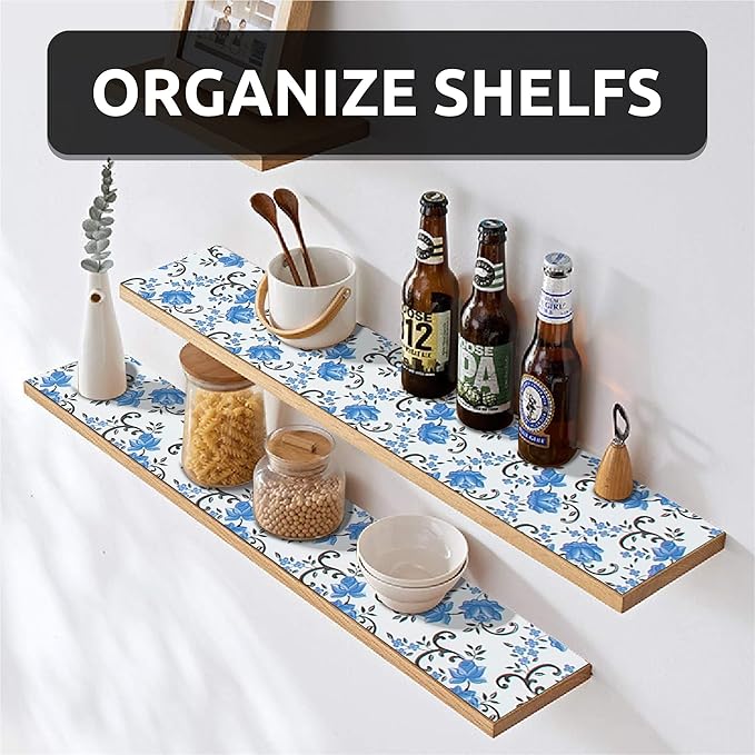FIFTY FEET 18X96 Inch Shelf Liner for Kitchen Cabinets, PVC Drawer Liner for Dresser Non-Slip Bathroom, Non-Adhesive Cabinet Liner Washable (Blue Floral)(10 Roll)
