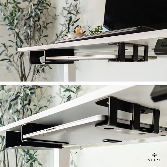 VI+AL Under Desk Laptop Mount - Hidden Metal Shelf with Side Storage - Installs with Tape & Screws - Fits Devices up to 1.7" Thick - Standard (No Hook or Cable Organizer)
