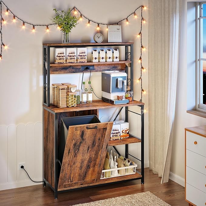 HOOBRO Bakers Rack with Power Outlet, Microwave Stand with Trash Can Bin Cabinet, 5-Tier Kitchen Storage Shelf Cabinet, Tall Coffee Bar Table Station for Dining Room, Rustic Brown and Black BF50UHB01