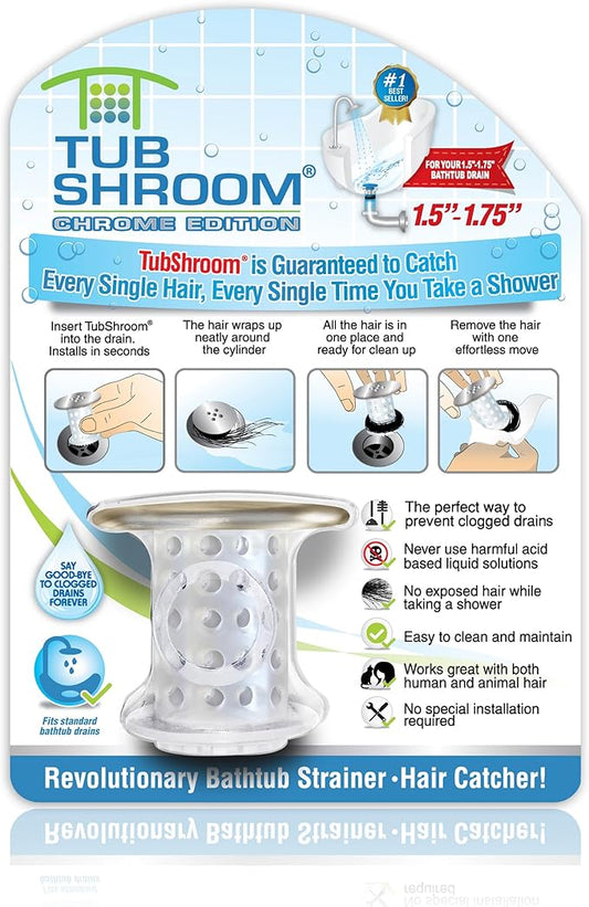 TubShroom Tub Drain Hair Catcher, Chrome – for Bathroom Drains, Fits 1.5” – 1.75” Bathtub and Shower Drains, White