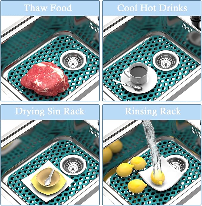 BEHOK 2 Pack Silicone Sink Protector for Kitchen Sink Bathroom, 13.58" x 11.6" Heat-resistant Sink Mat Non-Slip and Durable Silicone Protectors, Rear Drain, Green