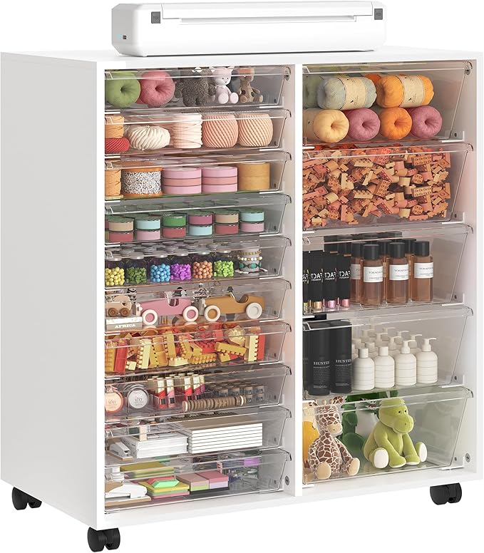 WOPITUES Rolling Cart with Wooden Tabletop, Mobile Storage Cabinet with 15 Clear Drawers, Craft Cabinet with 5 Large Drawers, Printer Stand Home Office, White Dresser Chest