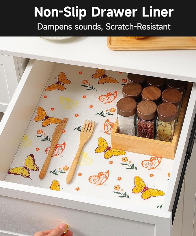 Drawer & Shelf Liners for Kitchen Cabinets Non Adhesive - Oil-Resistant Waterproof Sturdy and Resilient Kitchen Cabinet Liners for Shelves, Tool Box, Refrigerator(Colorful Butterfly, 23.6"W x 360"L)