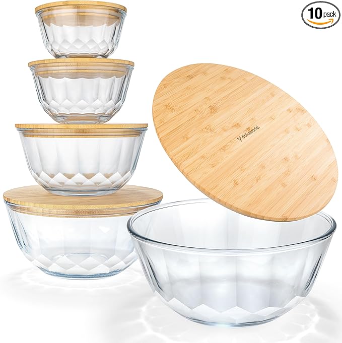 Large Stackable Set of 5 Nesting Glass Bowls with Bamboo Lids for Foodprep, Storage, Baking, Sourdough Mixing & Cooking. Microwave & Oven Safe Heat Resistant Inert Borosilicate Glass