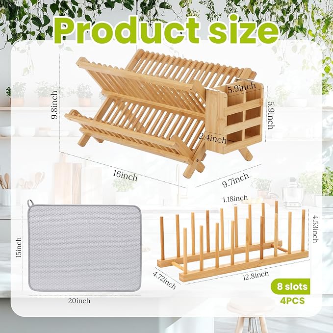 6 Pcs Kitchen Organizer Accessories Set 2 Tier Bamboo Collapsible Dish Drying Rack with Utensil Holder Dish Drying Plate Rack and Mat for Cabinet Pot Lid, Bowl, Cup, Chopsticks, Utensils