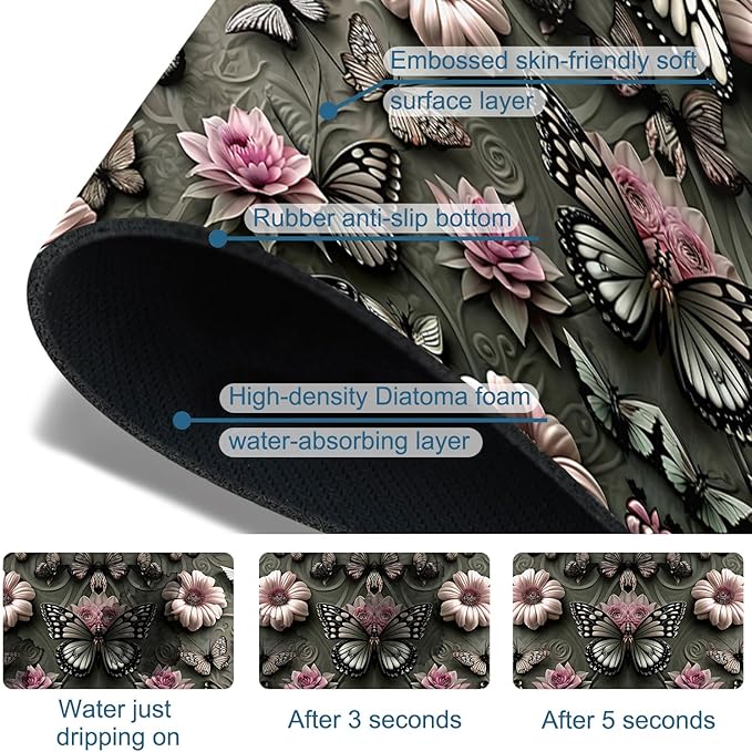 Cute Butterfly Sink Faucet Absorbing Mat Pink Flower Super Absorbent Fast Drying Mat Sink Gadgets Behind Faucet Sinkmat for Kitchen Bathroom, 23.5"x5.5"