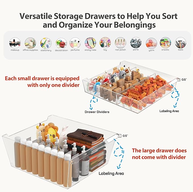 WOPITUES Storage Drawer Cart, Mobile Storage Cabinet, Makeup Storage with 8 Clear Drawers, Utility Wooden Rolling Cart on Wheels, for Cosmetic, Art Craft, Office Supplies, Toy, White