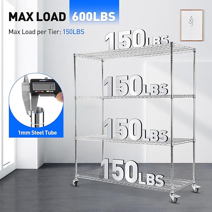 Rengue 4-Tier Heavy Duty Wire Storage Shelves with Wheels, 60" W x 24" D x 72" H Metal Storage Rack, Adjustable Garage & Pantry Shelves, 2400 LBS Commercial Grade, Chrome