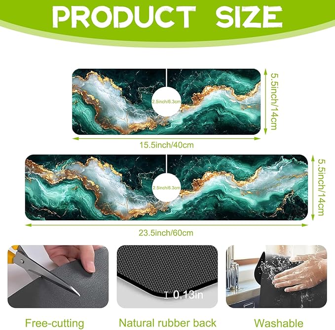 Emerald and Gold Marble Texture Kitchen Sink Splash Guard Faucet Mat Super Absorbent Fast Drying Mat Guard Behind Faucet Drip Catcher for Kitchen Bathroom, 15.5"X5.5"