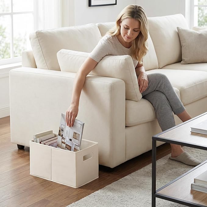 StorageWorks Fabric Storage Bins for Shelves, Closet Organizers and Storage Baskets, Collapsible Storage Bins with Cutout Handles, Medium, 4-Pack, Ivory
