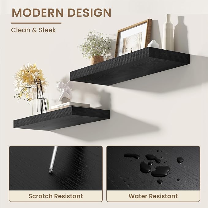 Dreamland Deep Floating Shelves, 8" Deep Long Shelves Set of 2, 40 Inches Floating Shelf for Wall,Large Display & Storage Shelf for Bathroom Bedroom Living Room Kitchen Office, Black