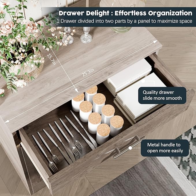 SUNLEI Kitchen Buffet Sideboard Cabinet, Farmhouse Wooden Storage Cabinet with 2 Doors & 1 Drawers, Coffee Bar Cabinet with Storage for Living Room, Adjustable Shelf, Grey