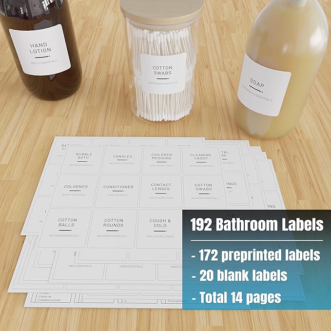 Neatsure 192 Minimalist Bathroom Labels for Organizing, Preprinted Waterproof Bath Beauty Makeup Organization Stickers for Bottles, Dispenser, Bins, Jars and Containers