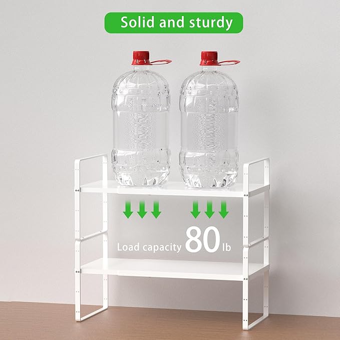 Expandable Cabinet Storage Shelf Stackable Organizer Rack for Kitchen Bathroom Pantry Spice Cupboard Countertop Home Office Desk Heavy Duty Nonslip White Small 2 PACK