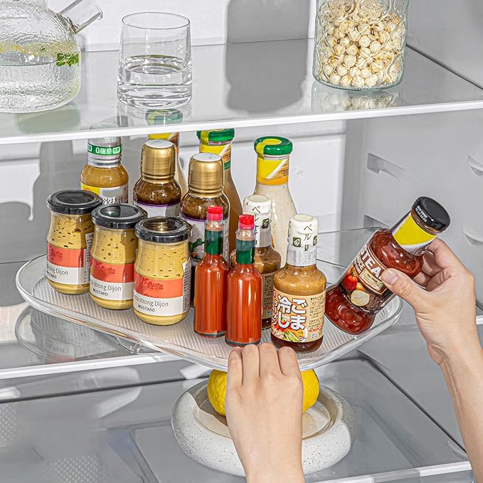 Cryfokt Clear Lazy Susan Organizer for Refrigerator, 360 Turntable Refrigerator Organizer, Anti Slip Rectangular Swivel Spinning Fridge Shelf for Household Kitchen (L)