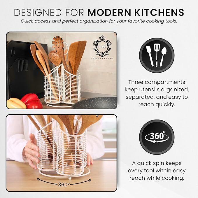 Rotating Utensil Holder with 3 Compartments & Cork Bottom – Premium Matte White Metal + 9-Piece Acacia Wood Kitchen Utensil Set – Countertop Organizer for Cooking Tools, Housewarming & Holiday Gifts
