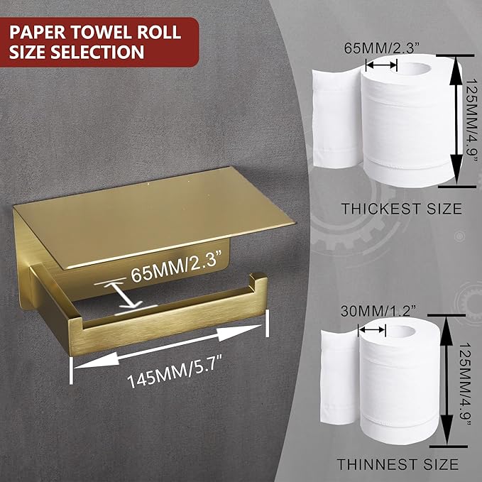 LANC Gold Toilet Paper Holder with Shelf, Adhesive or Screw Toilet Paper Roll Holder with Phone Shelf for Bathroom Wall Mounted, Stainless Steel Toilet Tissue Holder Brushed Gold, A8367BG