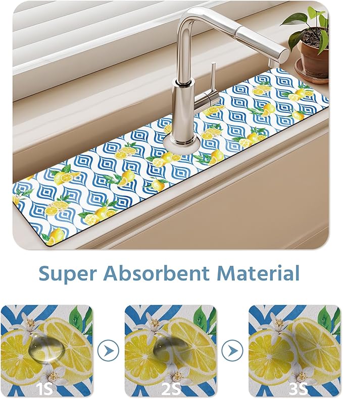 Patterned Sink Faucet Mat Kitchen Splash Guard Super Absorbent Drying Mat, Non-Slip Drain Pad for Kitchen Counter or Bathroom-24x5.5in
