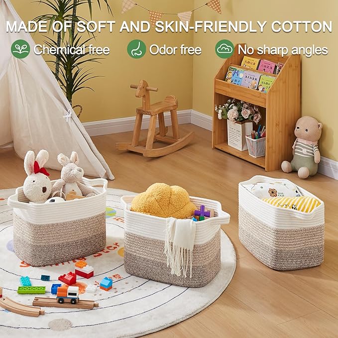 OIAHOMY Woven Storage Basket for Shelves, Rectangle Cotton Rope Baskets for Organizing, 13 x 10 x 9 in, Storage Bins for Dog Toys,Towel,Books,Gift, Gradient Brown