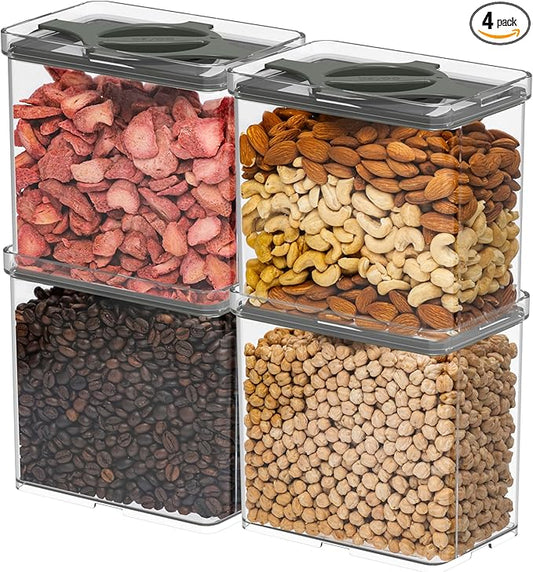 4-Pack Airtight Pantry Containers, 1.9 QT / 1.8 L Clear Food Storage Jars with Leakproof Twist-Lock Lids, Detachable Lid for Easy Cleaning, Cereal, Pasta, Rice, Oats, Snack Storage -Black