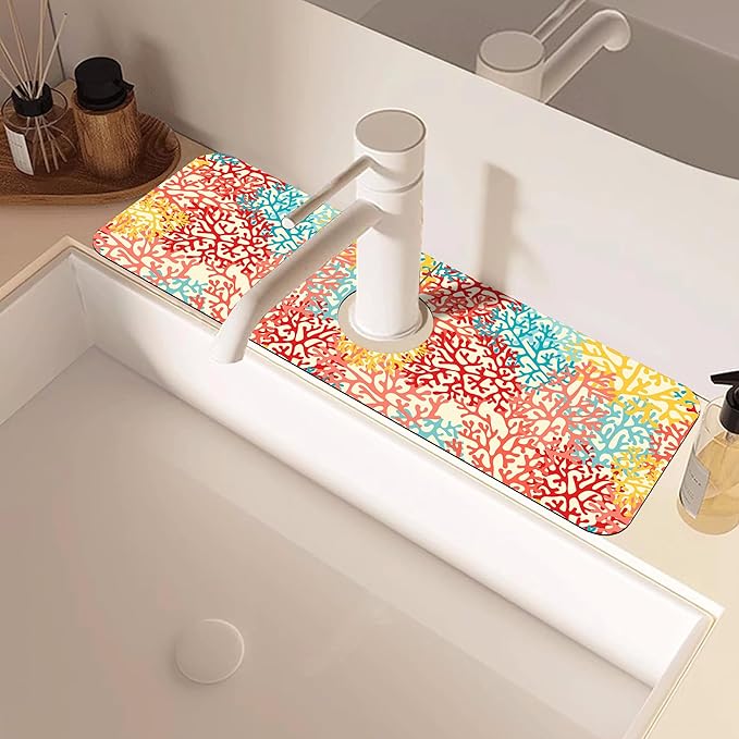 Colorful Sea Corals Dish Drying Mat for Kitchen Sink Splash Guard Behind Faucet Sink Mat Absorbent Fast Drying Faucet Draining Mat for Bathroom Kitchen 5.5"×15"
