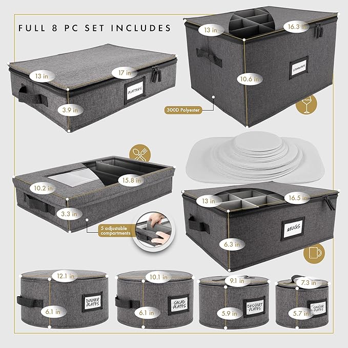 Homelux Theory 2pc Dessert Storage with Lid, Hard Shell China Storage Containers, Heavy Duty Dinnerware Storage Box with 24 Felt Pads and Thick Surface for Dishes and Dinner Plate, Move Out Essentials
