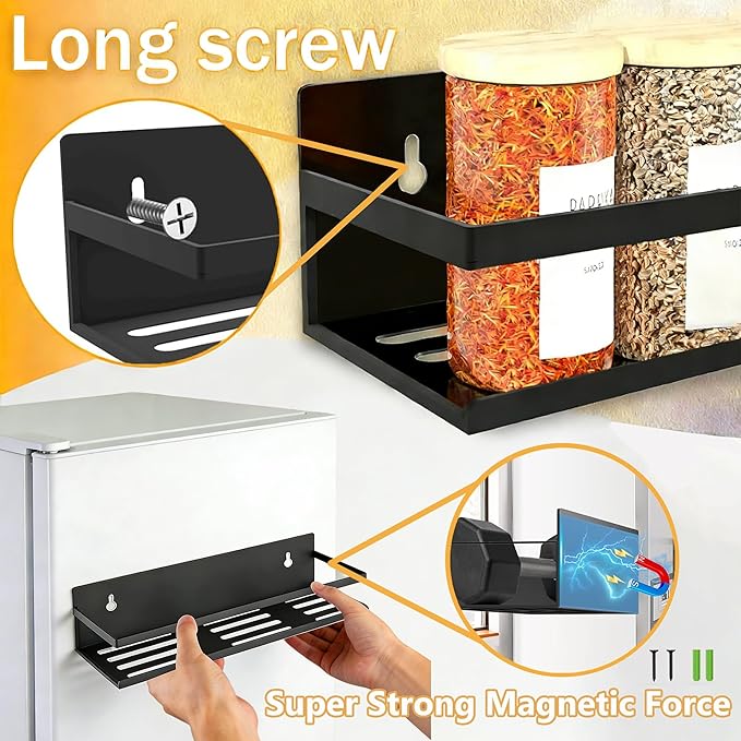 SMRCAD Magnetic Spice Rack for Refrigerator Seasoning Organizer for Spice Fridge Shelf storage Magnetic Shelf with Hook for Oven (4pack-Cut out-Black)