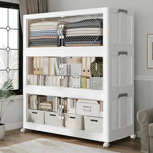180QT Extra Large Stackable Storage Bins with Lid, 45Gal Plastic Closet Organizers and Storage Drawer, Collapsible Cabinet Box with Wheels Clear Doors for Home Kitchen Office, 3Pack White