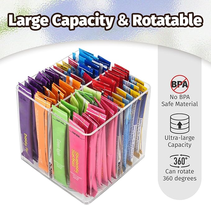Drink Packet Organizer For Powdered Drink Mix,Powder Packet,Water Packet,Water Flavor Packet,Lazy Susan Organizer for Drink Mix Rotating Holder for Drink Mix Necessities（Square）