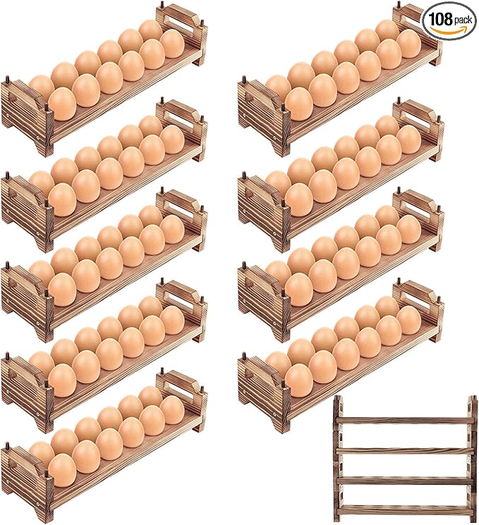 Maxcheck 9-Tier Stackable Egg Holder Wooden Egg Storage Rack with Handles Shelf Storage up to 108 Countertop Organizer for Kitchen, Refrigerator