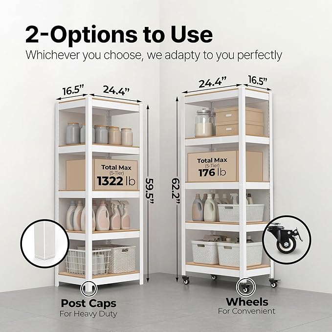 HOMEDANT House 5-Tier Metal Rolling Cart Shelf Rack Casters Heavy Duty Laminated Wheel Shelving Unit Adjustable Utility Storage Shelves Organizer Shelf Kitchen Garage (1, (S) 24.4" W, White)