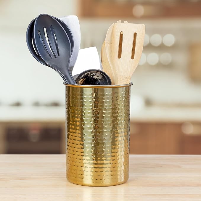 Darware Hammered Gold Kitchen Utensil Holder / 7-Inch Tool Caddy, Store All Your Wooden Spoons, Spatulas, & More