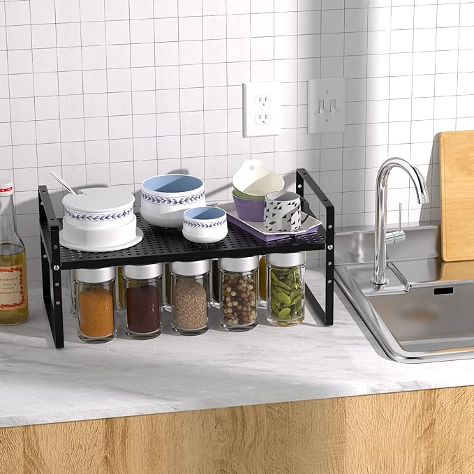 Expandable Kitchen Cabinet Shelf Organizer 2 Pack, Stackable Metal Pantry Storage Shelves, Adjustable Counter Shelf Organizer Rack for Kitchen Cabinets, Cupboard, Countertop, Closet, Black