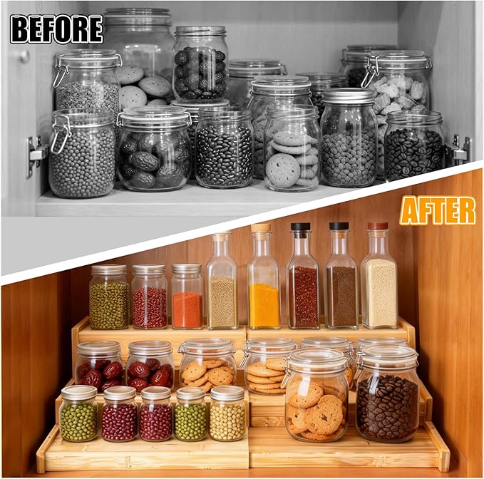 Expandable Bamboo Can Organizer Rack for Pantry Cabinet, 3-Tier Adjustable Can Storage Holder, Soda Organizer Holds Up to 24 Cans, Canned goods Storage Display for Countertop