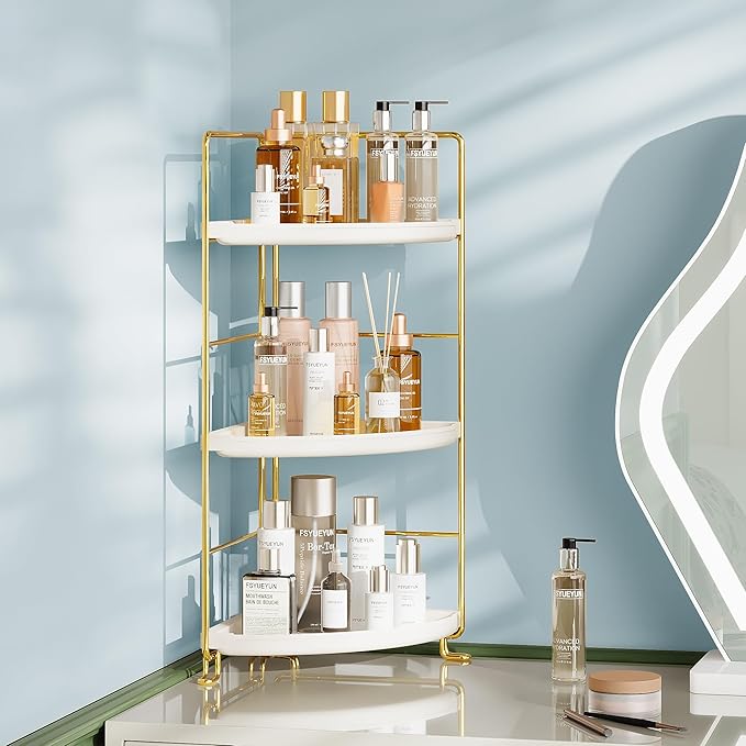 FSyueyun 3-Tier Bathroom Corner Shelf Organizer Countertop, Kitchen Spice Rack Vanity Tray Perfume Makeup Organizer Cosmetic Storage Tray Standing Shelf (Gold)
