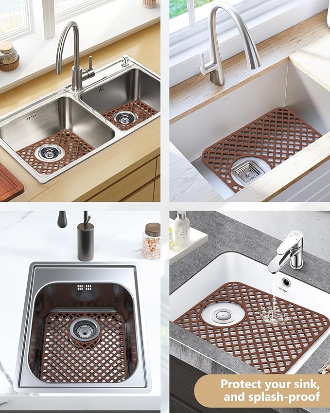 BEHOK 2 Pack Silicone Sink Protectors for Kitchen Sink, Lozenge Pattern 13 x 11 Inches Sink Mat, Non-Slip and Durable Sink Protector Silicone, Rear Drain, Coffee