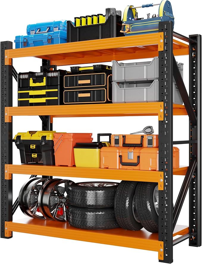 48" W Garage Shelving 3000LBS Garage Shelving Heavy Duty 4-Tier Metal Storage Shelves Adjustable Shelf Unit Storage Rack for Basement Supermarket Warehouse 48" W x 20" D x 78" H Black-Orange
