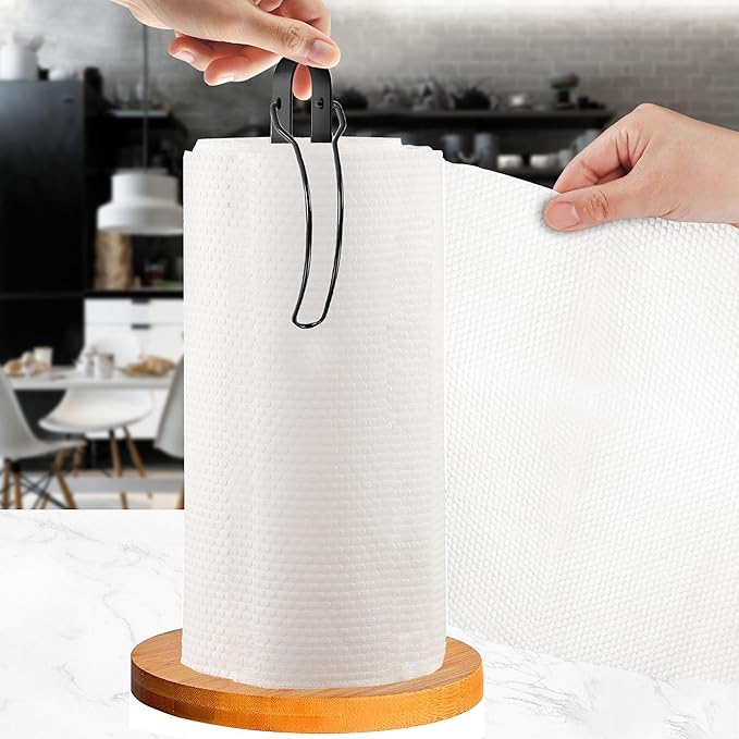 Wood Paper Towel Holder Countertop, TONLEA Kitchen Paper Towel Holder FreeStanding with Fixer for Kitchen and Bathroom Organization, Kitchen Roll Holder for Standard and Large Rolls