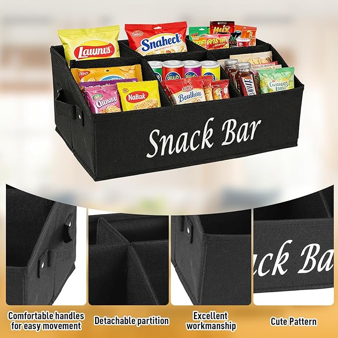 Snack Organizer for Countertop, Large Snack Bar Station with Handles, 6 Compartment Snack Bar Organizer for Pantry, Cabinet, Kitchen, Candy, Chips