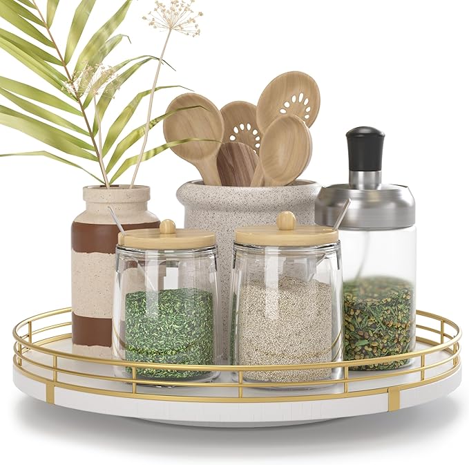 10" Wooden Lazy Susan Turntable for Cabinet – Rotating Spice Rack Organizer, Small Kitchen Countertop Tray for Dining Table & Pantry Storage (White & Gold)