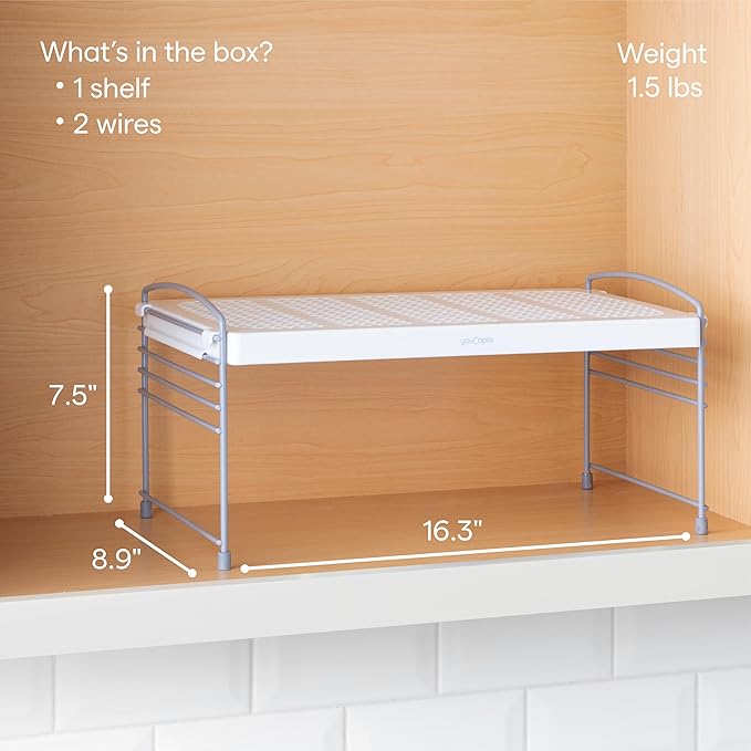 YouCopia Adjustable-Height UpSpace Shelf, Shelf Riser for Vertical Kitchen Cabinet and Pantry Organization, 9.0” D x 16.0” W x 7.7” H