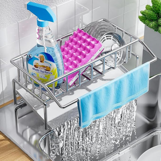 BREIS Sponge Holder for Kitchen Sink, Caddy Organizer with Rag Holder, Countertop Self-Draining Sponge Caddy, Rustproof Sink Storage Rack for Soap Dispenser Storage Accessories (Sliver)