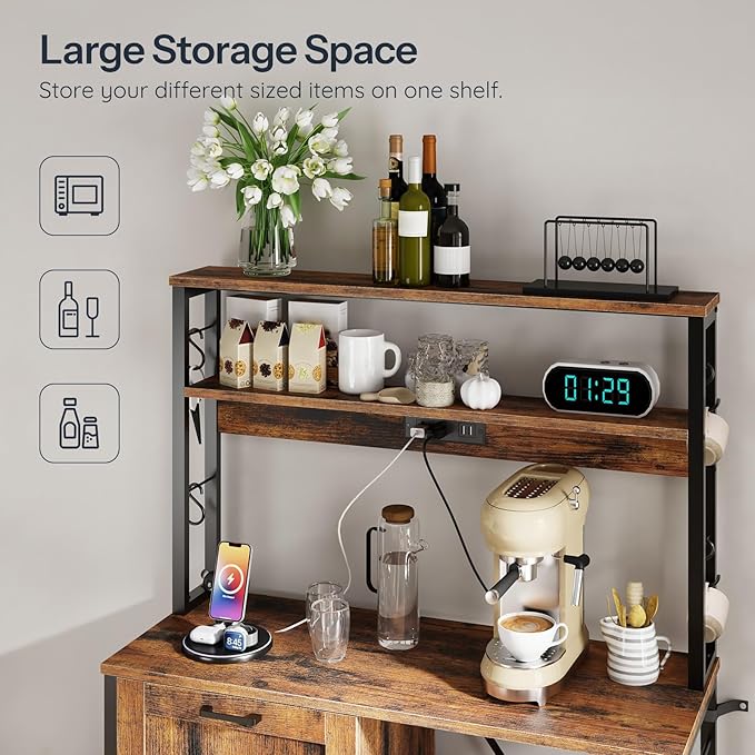 HOOBRO Bakers Rack with Power Outlet, Microwave Stand with Trash Can Bin Cabinet, 5-Tier Kitchen Storage Shelf Cabinet, Tall Coffee Bar Table Station for Dining Room, Rustic Brown and Black BF50UHB01