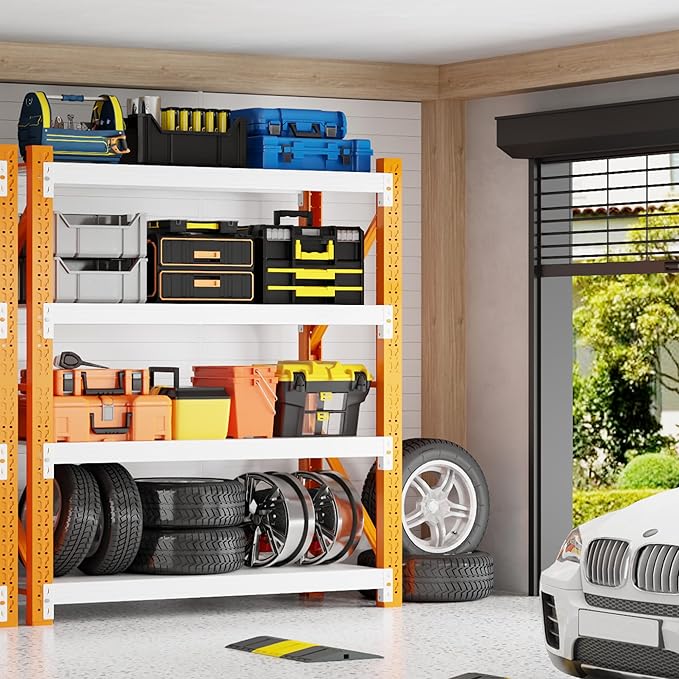 48" W Garage Shelving 3000LBS Garage Shelving Heavy Duty 4-Tier Metal Storage Shelves Adjustable Shelf Unit Storage Rack for Basement Supermarket Warehouse 48" W x 20" D x 78" H Orange-White