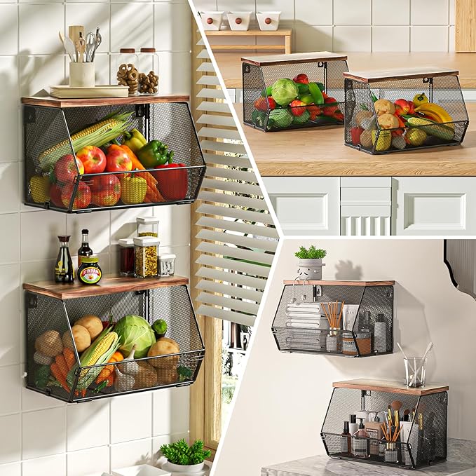 Litwaro Fruit Basket Wire Baskets with Wood Lid, Wall Mounted Produce Basket for Snack, Fruit and Vegetable Storage, Countertop Onion and Potato Storage, 3 Pack Stackable Kitchen Counter Organizer