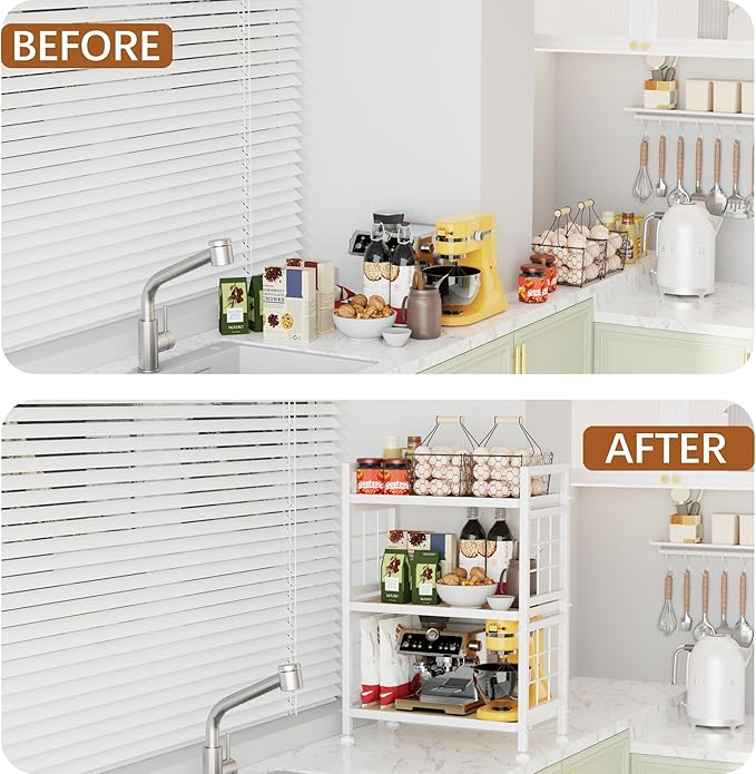 GIOTORENT 3-Tier Pantry Shelves with Wooden Boards, Heavy Duty Storage Shelves & Book Shelf, Adjustable Metal Shelving Unit for Kitchen Bathroom Laundry Organizer, Sturdy Rust-Resistant, White