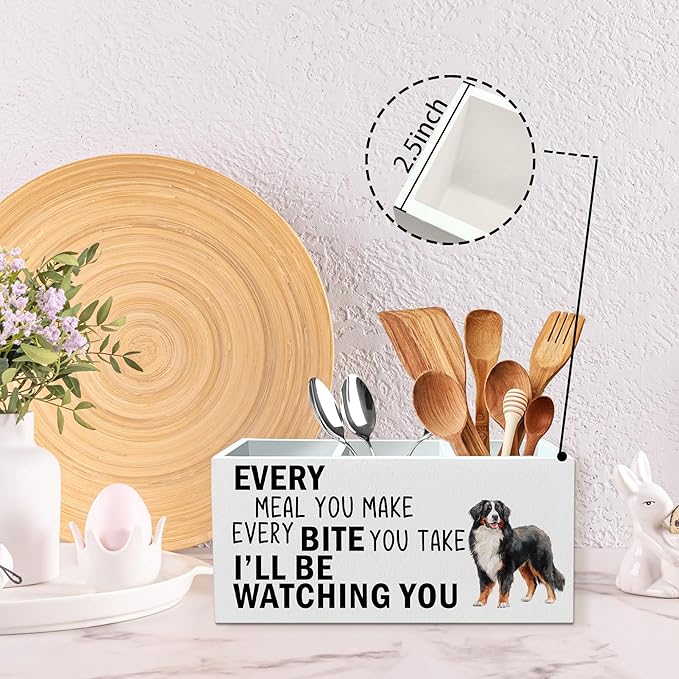 Bernese Mountain Dog Kitchen Utensil Holder for Countertop, Dog Decorative Lover Gifts, Funny Every Meal You Make Every Bite You Take Wooden Utensil Holder Organizer for Kitchen Table Decor