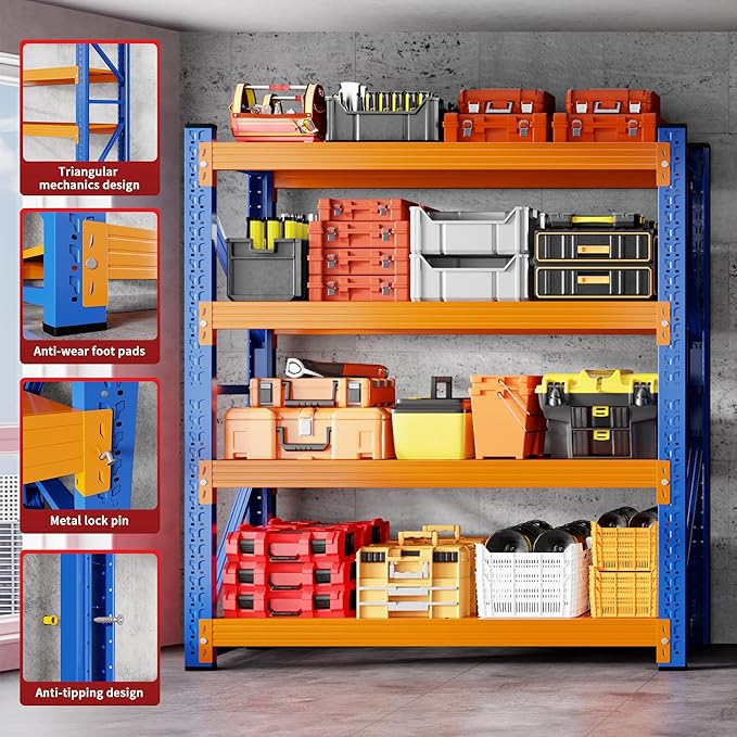 59" W Garage Shelving 3000LBS Garage Shelving Heavy Duty 4-Tier Metal Storage Shelves Adjustable Shelf Unit Storage Rack for Basement Supermarket Warehouse 59" W x 24" D x 78" H Blue-Orange