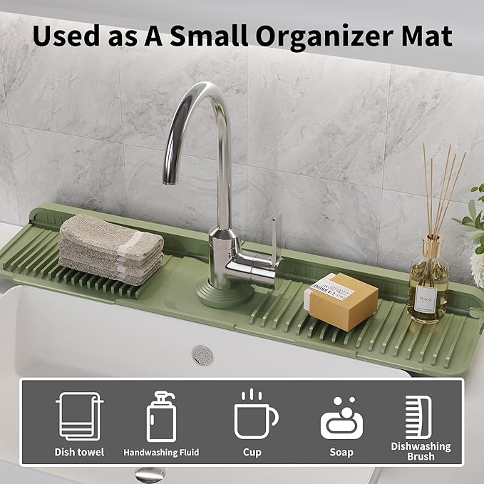 WAFT YEARN 24X5 Inch Silicone Durable Faucet Mat Kitchen Sink Splash Guard Draining Protector Tray Liner Absorbent Protective Counter Accessories For Sink Kitchen Bathroom Laundry Room Bar & RV Green