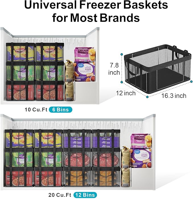 iSPECLE Chest Freezer Organizer Bins - 6 Pack Large Stackable Deep Freezer Organizer Bins for 10 to 20 Cu.Ft Easy Get Bottom Foods, Chest Freezer Organizer Prevent Frozen Food Waste, Black